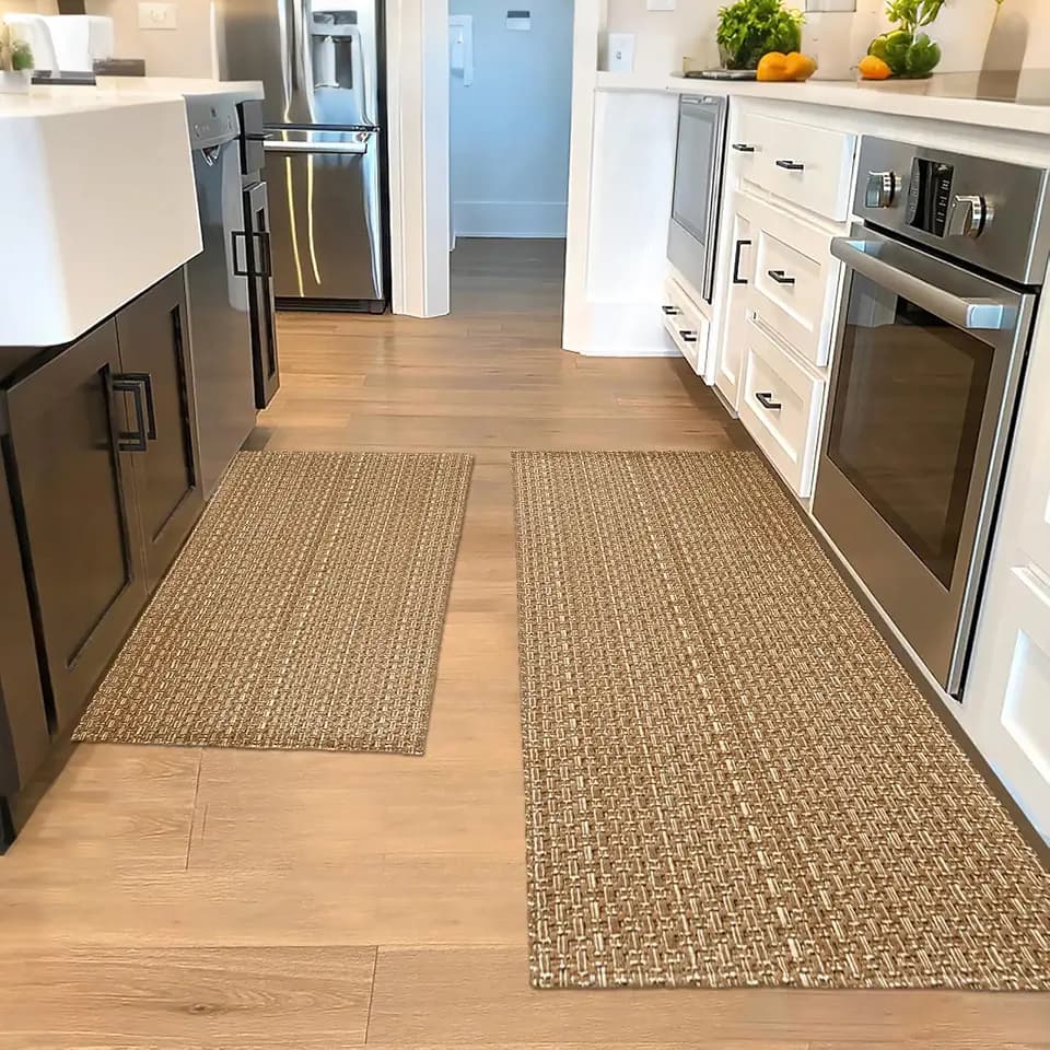 Tan Brown Faux Jute Braided Kitchen Rug Set 20"x30"+20"x48",Non Slip