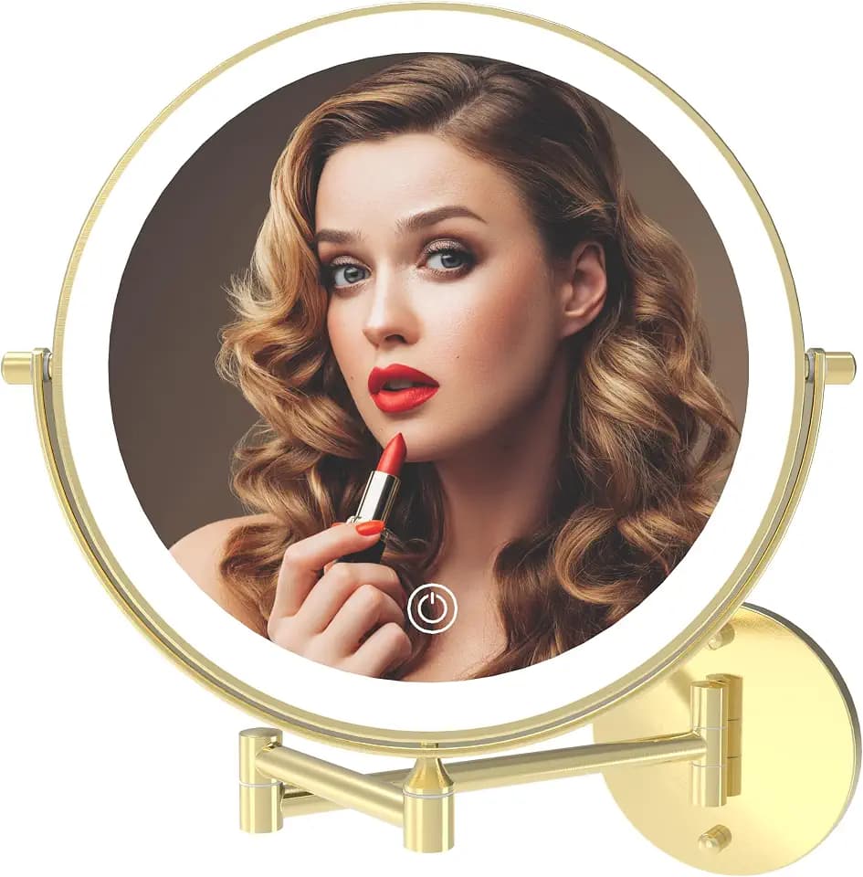 9" Wall Mounted Lighted Makeup Mirror, 1X/10X, Gold