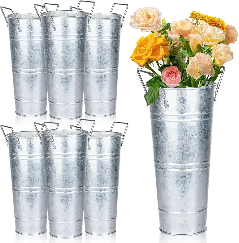 9 Inch Galvanized Buckets Bar with Handles, Sliver Vase for Flower Bar