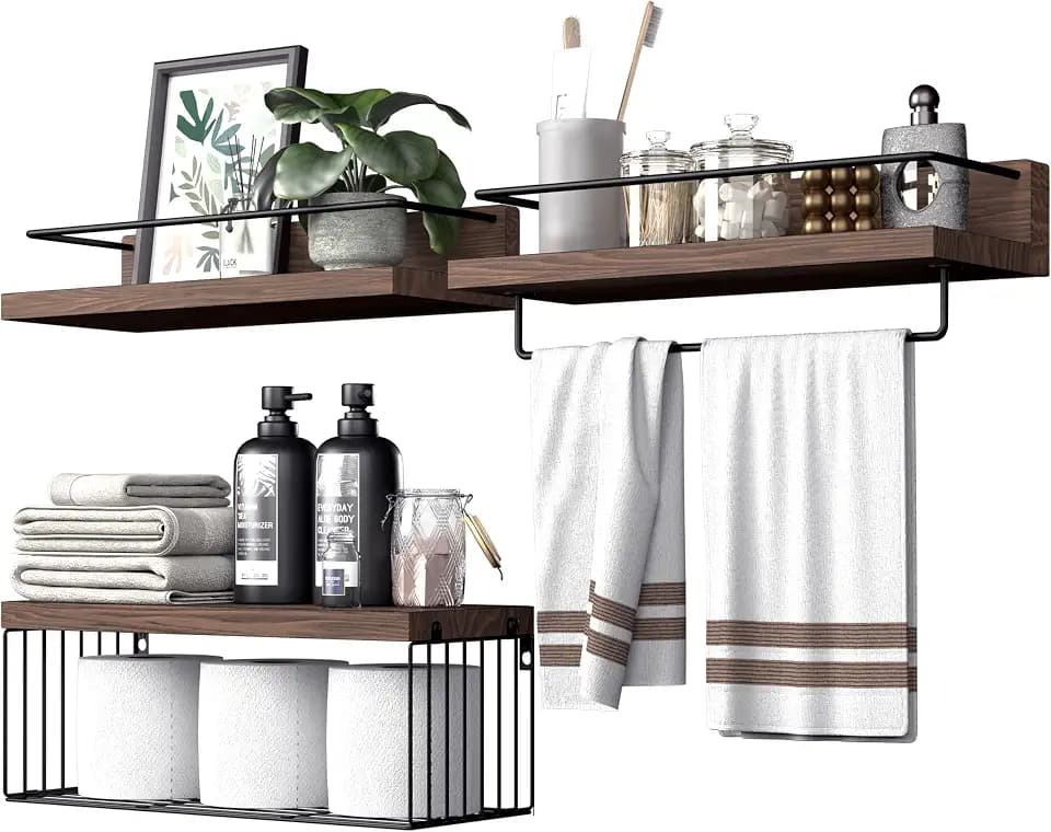 PopiShelves Bathroom Shelves Over Toilet for Wall, Floating Shelves with Storage Basket Paper Holer for Kitchen Living Room, Bedroom & Classroom, Set of 3 (Dark Brown)