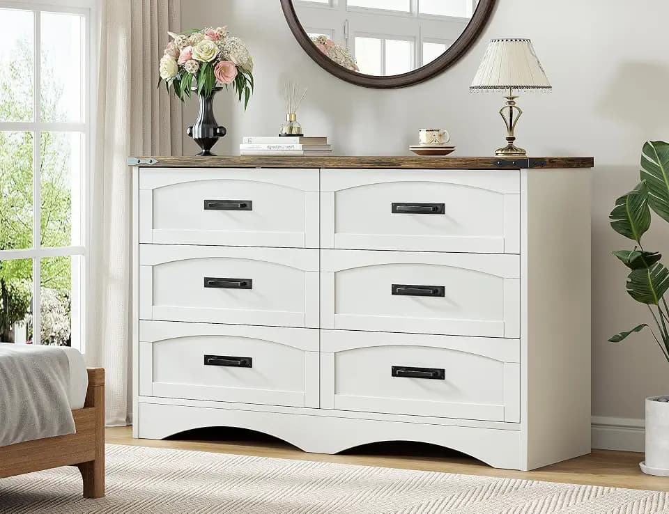 Decofy 47" Farmhouse 6-Drawer Dresser for Bedroom, Pure White + Walnut