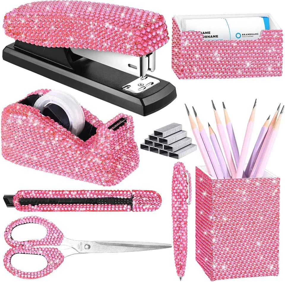 Demissle Pink 7 Pcs Bling Desk Accessories Set Office Kit for Women