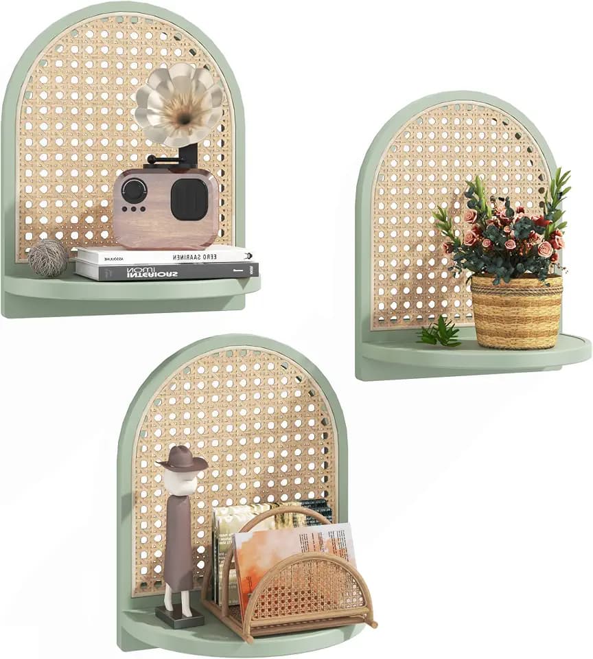 Rattan Wall Shelf Set of 3, 7''Green Rattan Shelves with Wicker Decor, Boho Decor Small Floating Shelves for Wall, Arched Shelf for Plant Figurines Display,Mini Shelves for Knick Knack Storage