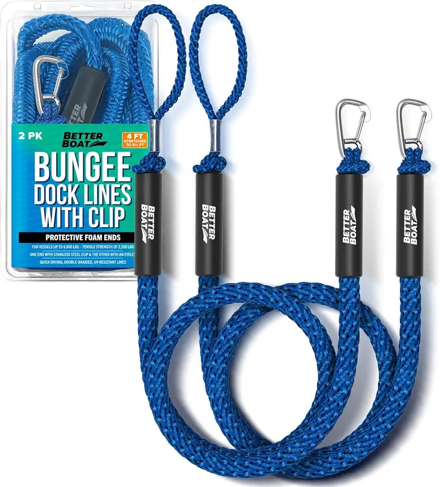 Better Boat Blue Marine Grade Bungee Dock Lines, 2 Pieces, Stainless Steel, 4ft-5.5ft, Elastic Cords & S-Hooks