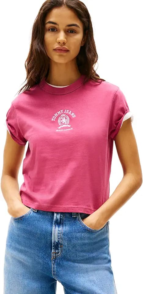Tommy Jeans Women's Graphic Tee with Embroidered Varsity Crest Detail