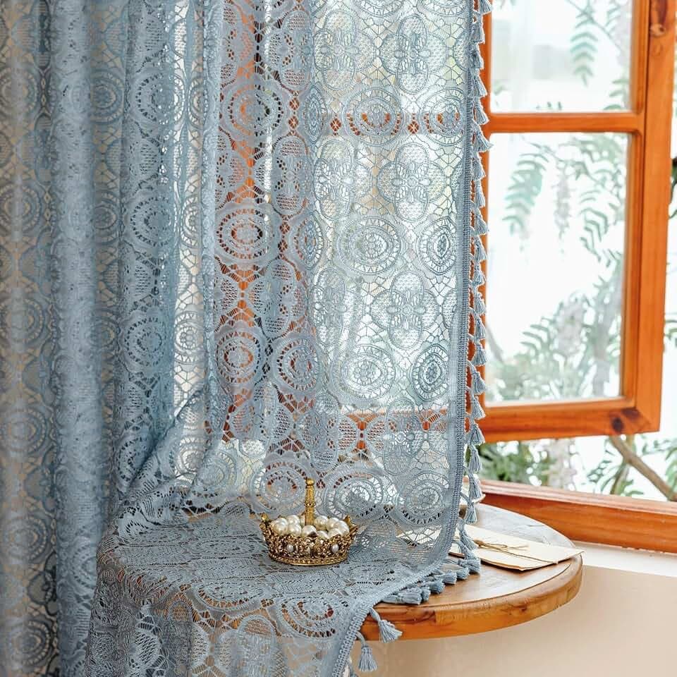 YJ YANJUN Boho Lace Curtains, 59" X 63", Dusty Blue Sheer Window Panels