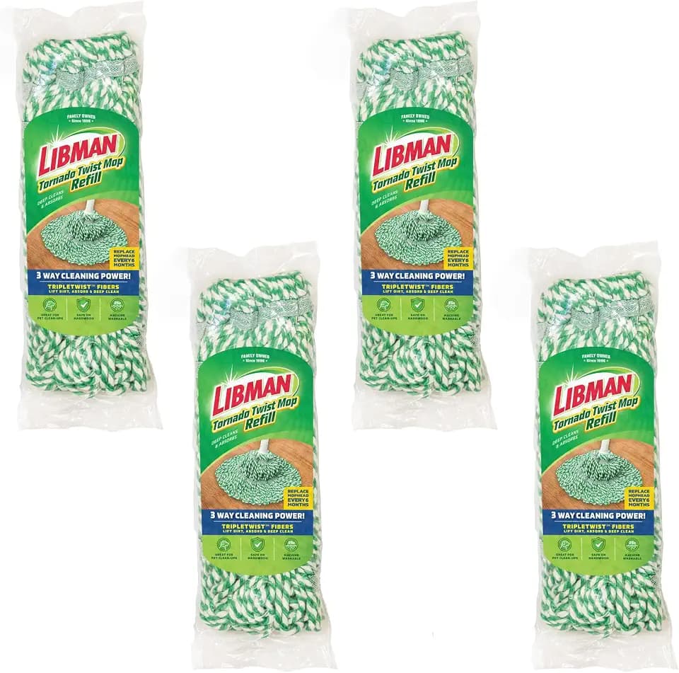 Libman Tornado Mop Refills, Self Wringing, Cotton, Machine Washable, 4 Pack