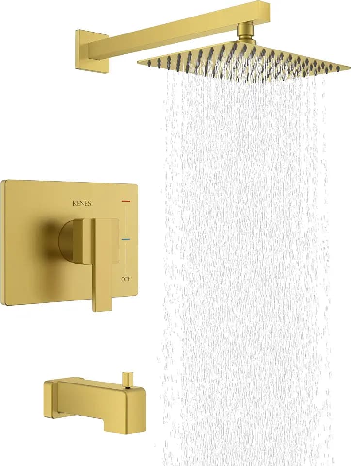 KENES Brushed Gold Shower Set with Tub Faucet, Square Tub Shower Faucet Set