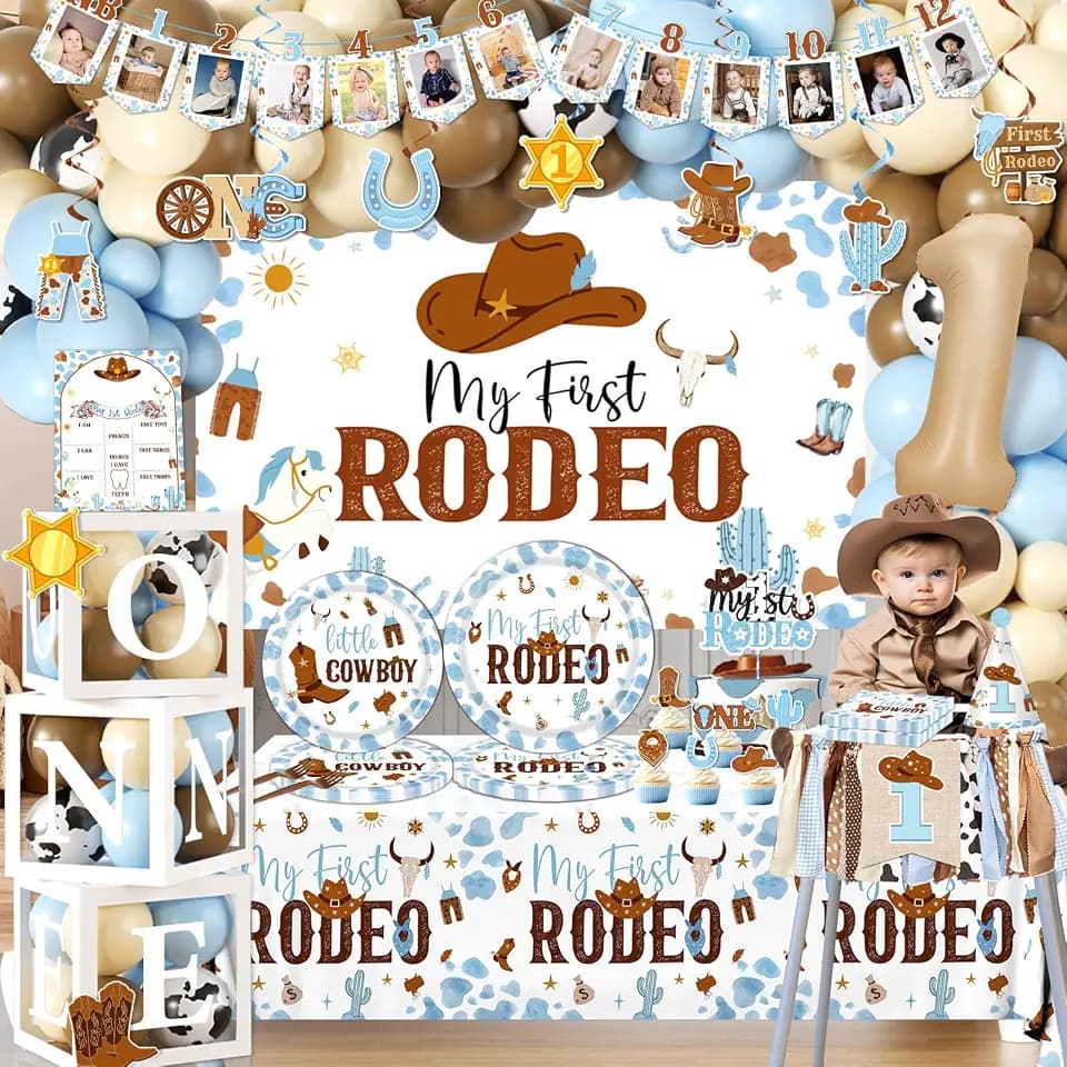 My First Rodeo Decorations Boy-239Pcs Cowboy Blue and Brown Balloon Arch Garland Kit with Tableware,Backdrop,Balloon Boxes for Boy 1st Birthday Party Supplies