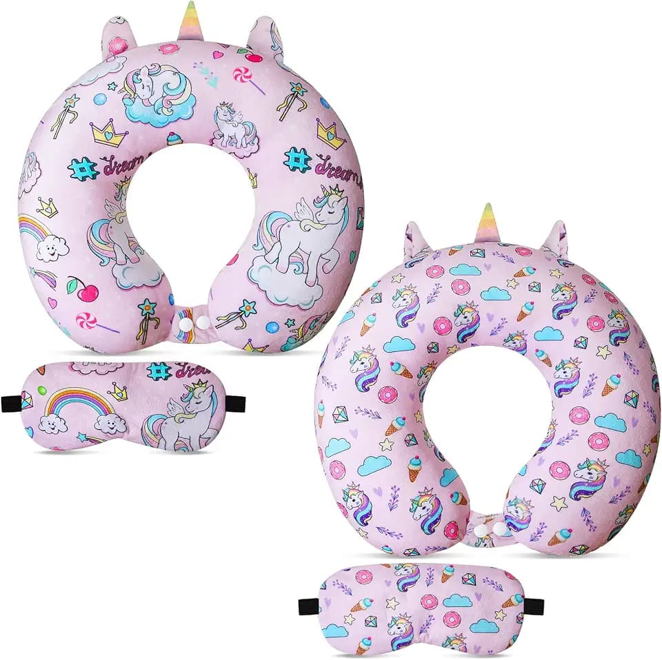 Thyle 2 Set Kids Travel Neck Pillow Eye Mask for Car Airplane, Unicorn