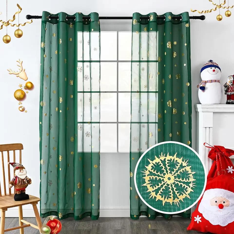 youleyar Snowflake Christmas Sheer Curtains, Luxury Gold Foil Print Voile Sheer Curtains, Metallic Bronzing Treatment Pair for Holiday Window Decoration, Living Room, Set of 2 Panels Green 52x72 inch
