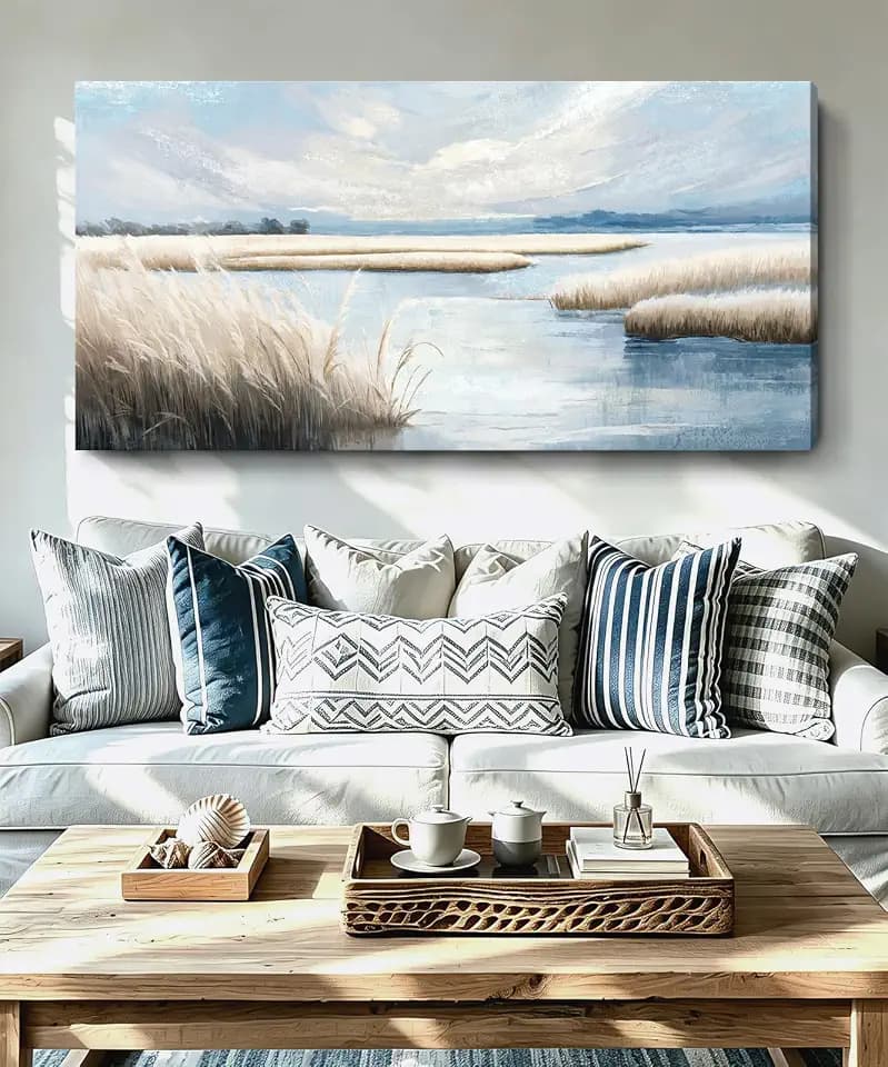 amatop Large Coastal Wall Art Abstract Landscape Beach Ocean Marsh Canvas Print Calming Soft Blue and Beige Wetland Picture Minimalist Neutral Nature Artwork for Bedroom Living Room Office 48x24