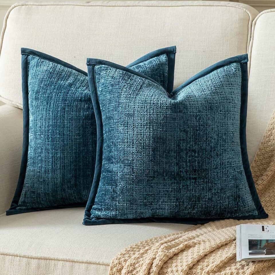 Yaertun Pack of 2 Chenille Textured Decorative Throw Pillow Covers Accent Solid Cushion Cover Soft Cozy Pillow Case with Velvet Back for Couch Sofa Bed Living Room 24x24 Inch Blue