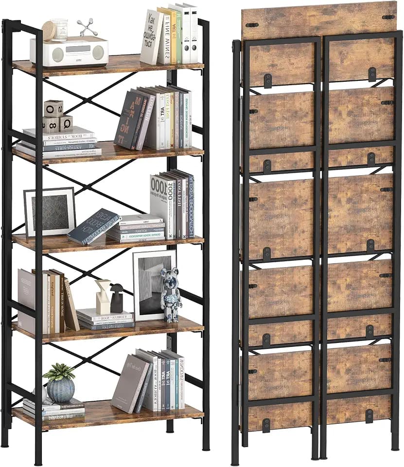 Homeiju Folding Bookshelf,5 Tier Bookcase Foldable Shelf with X-Bracket Design, Adjustable Feet, Space Saving Storage for Living Room, Office, Rustic Brown
