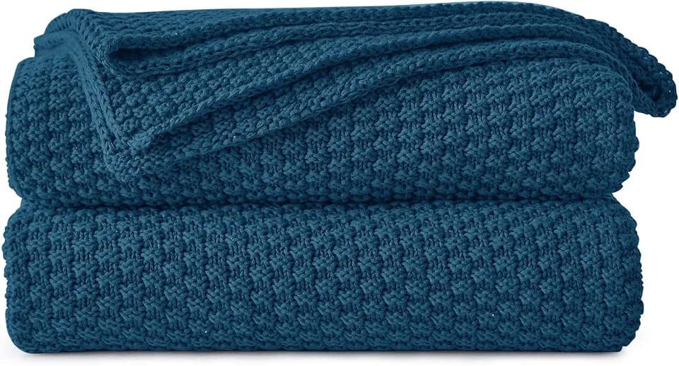 Longhui bedding 100% Cotton Knitted Throw Blanket – Blue, Soft & Cozy, Machine Washable, 51"x63" – Perfect for Living Room, Couch, Sofa, Bed or Travel