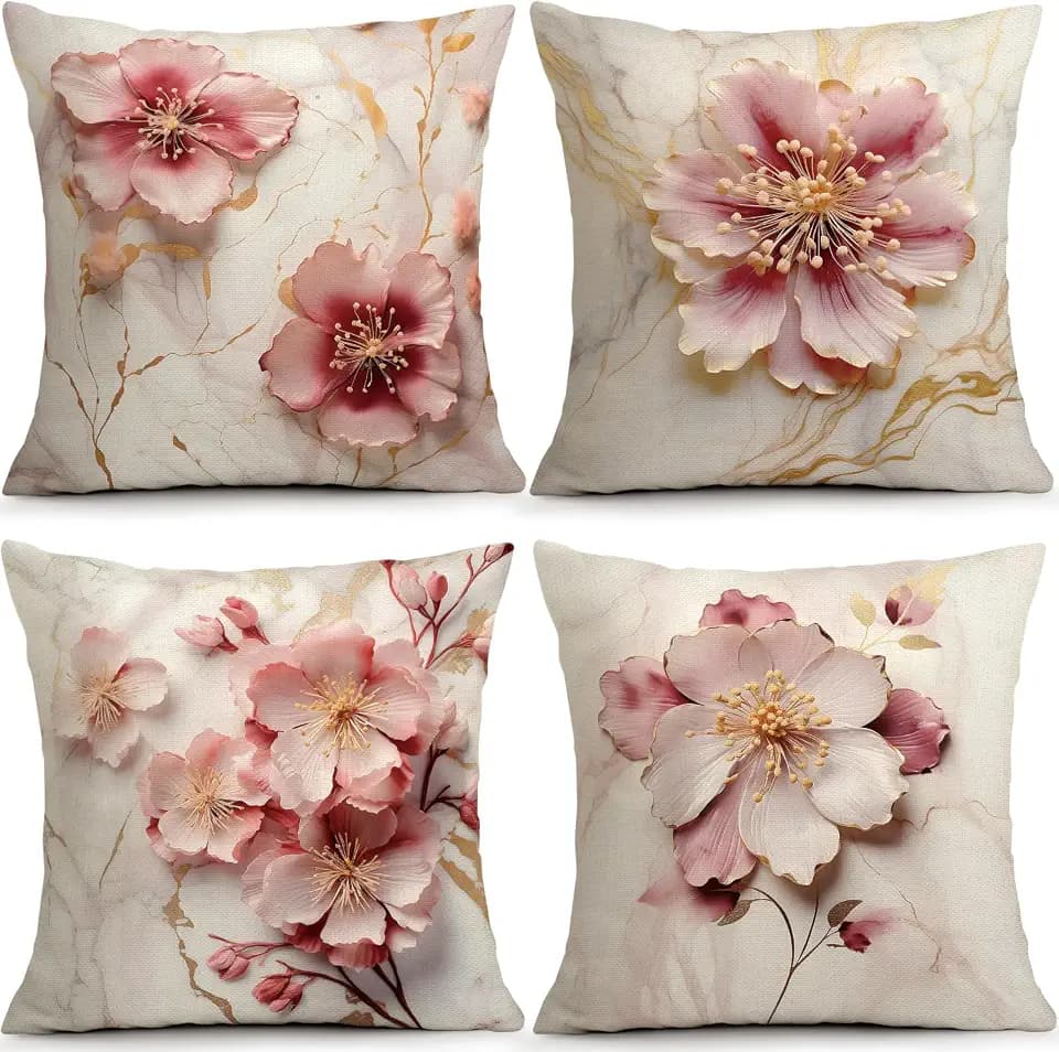 ORMAN Pink Flower Marble Throw Pillow Covers 18x18 Inch Set of 4