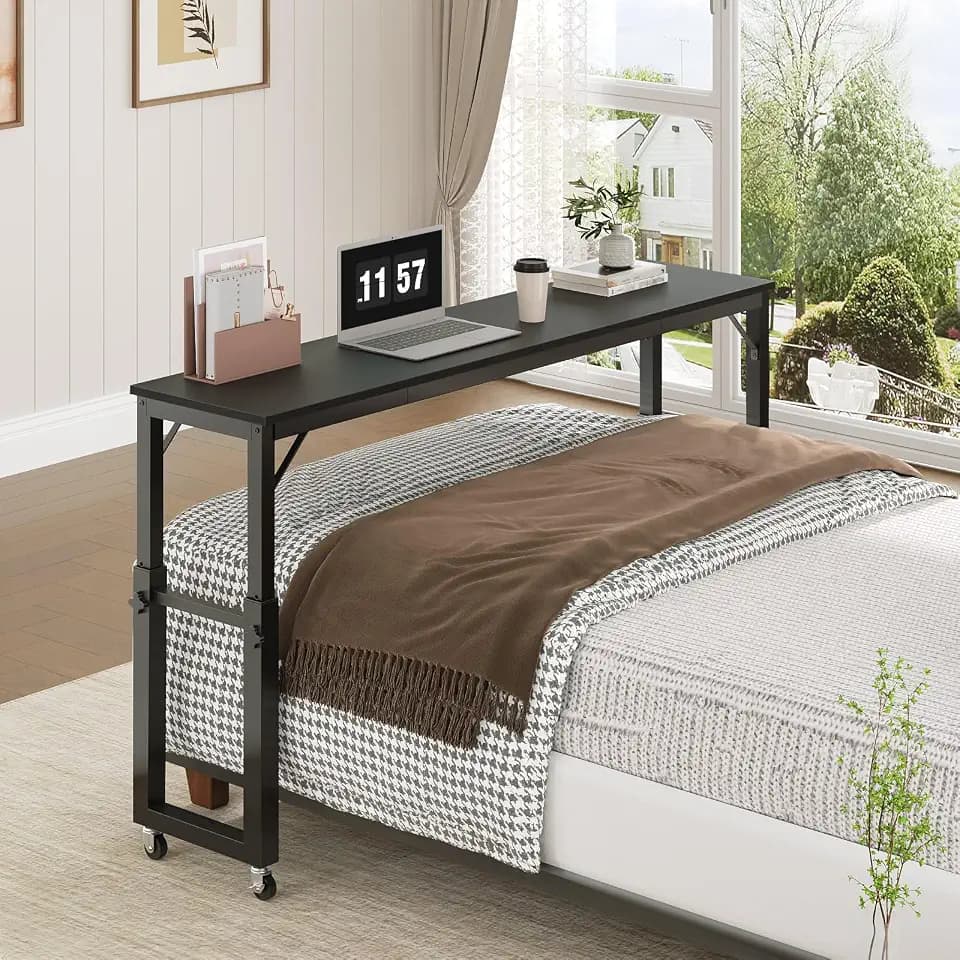 MAHANCRIS Overbed Table with Wheels, Mobile Bed Desk for Queen Size, Black