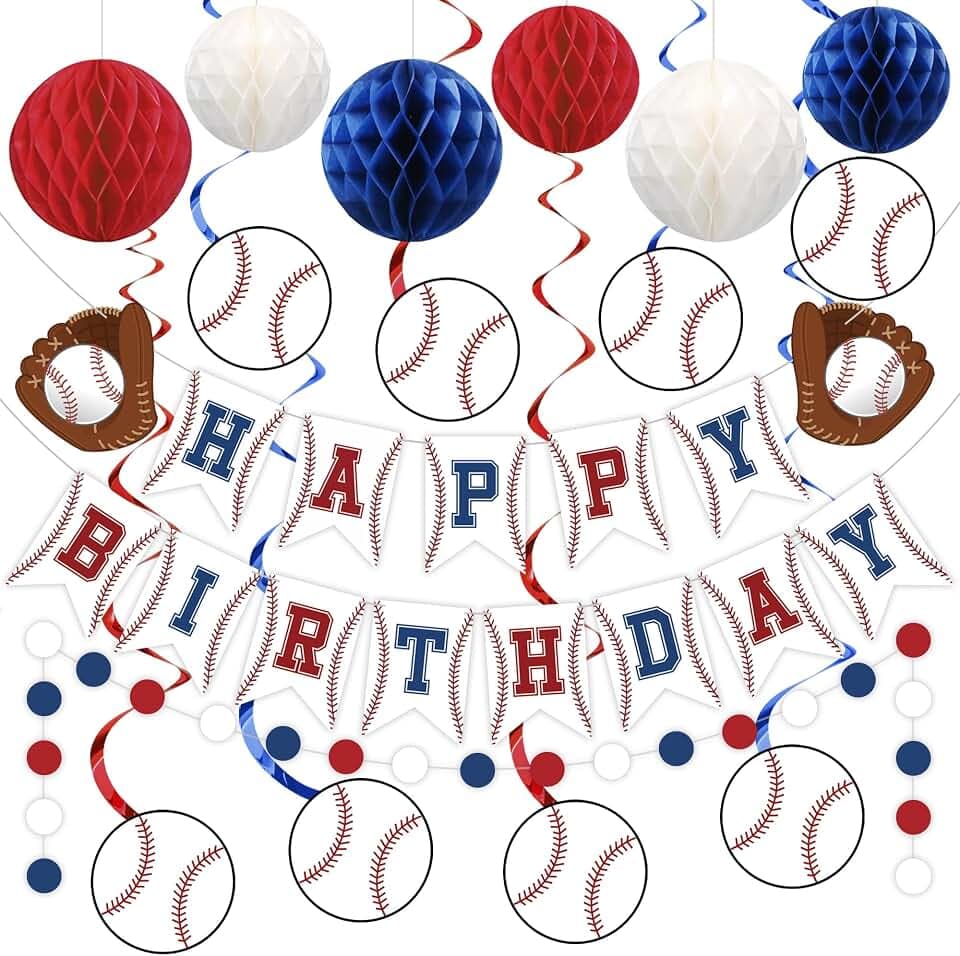 Baseball Party Decorations Happy Birthday Banner Baseballs Honeycomb Balls Hanging Swirls Circle Dot Garland for Baseball Sports Themed Birthday Party Decorations