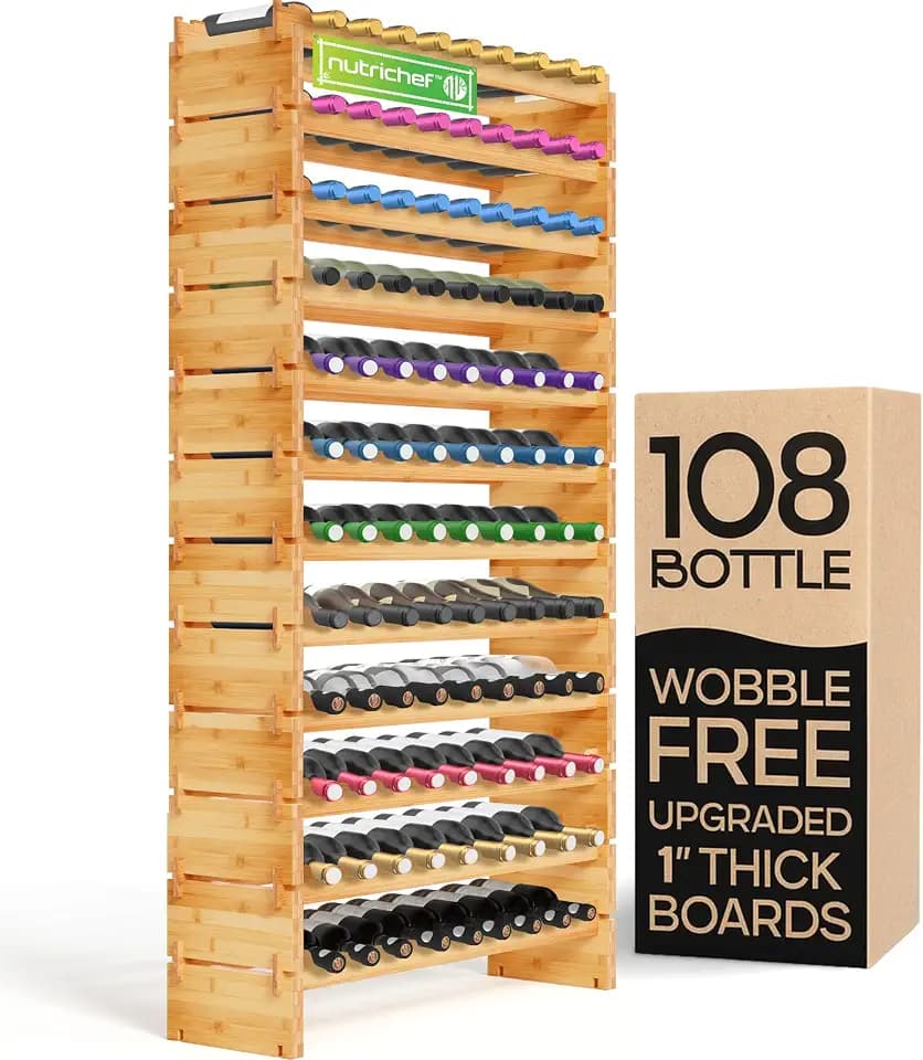 NutriChef 108 Bottle Stackable Modular Wine Rack, Upgraded 1” Thick Sideboard, .5” Rack Sticks, Sturdy Wobble Free Natural Bamboo Construction, Protective Moisture Resistant Finish, 33.5" x 10" x 63"