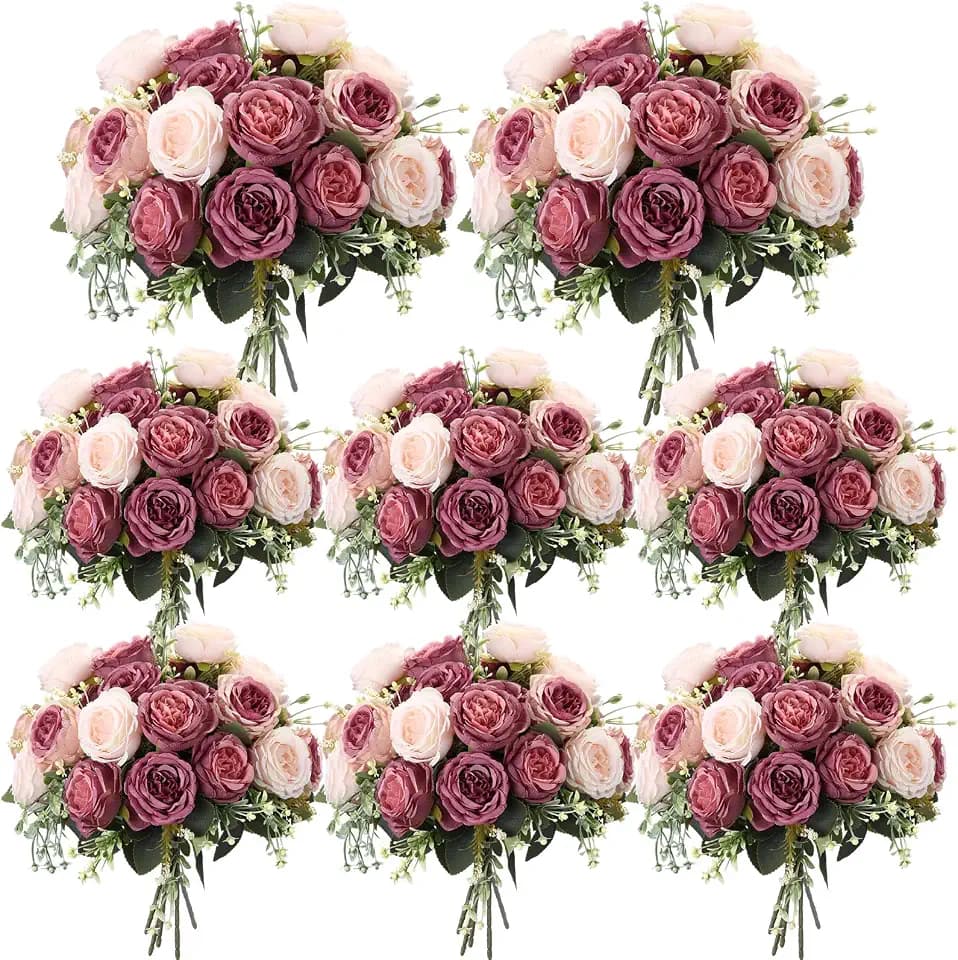 Geosar 8 Bundles Artificial Peonies Flowers,Dusty Pink, Dusty Rose