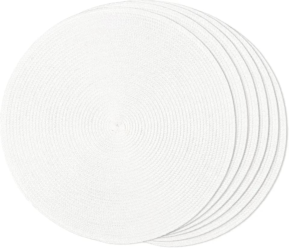 FunWheat Round Braided Placemats Set of 6 Table Mats for Dining Tables Woven Washable Non-Slip Place mats 15 inch(White, 6pcs)