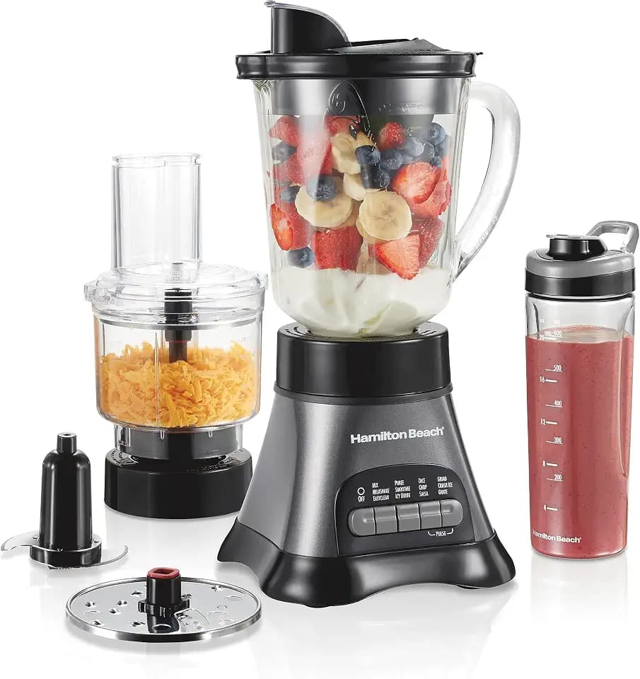 Hamilton Beach Blender and Food Processor Combo for Shakes & Smoothies, With 3 Cup Electric Food Chopper Attachment, 40 oz Glass Jar, Blender Travel Cup, 700 Watts Peak Power, Gray & Black (58163)