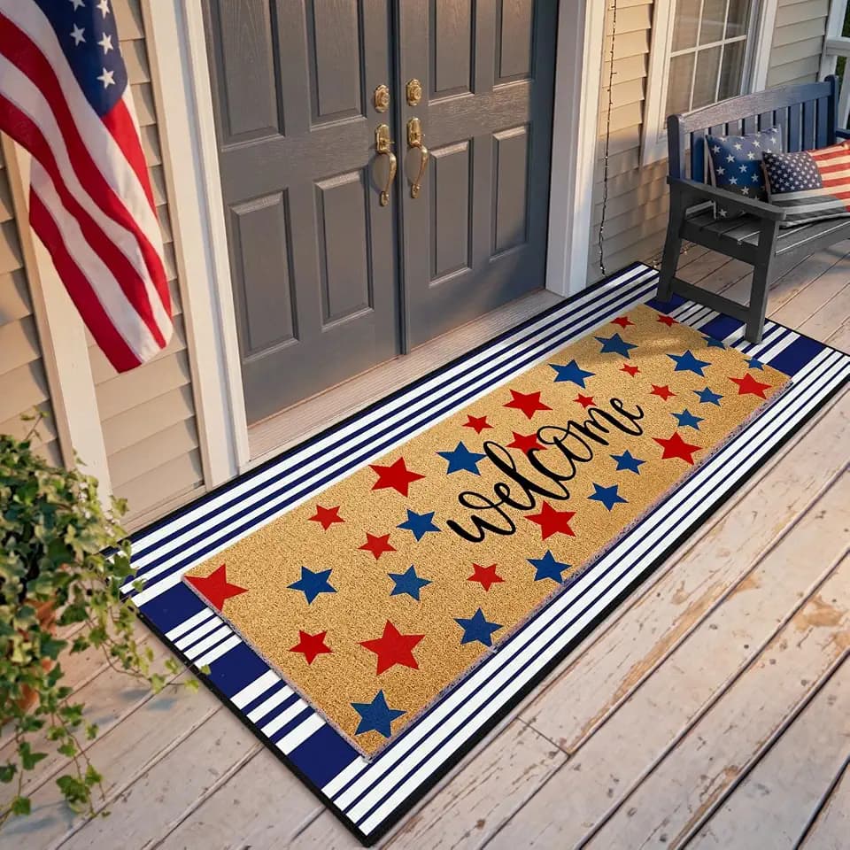 2 Pcs Extra Long Patriotic Welcome Door Mat Set for Double Door, 4th of July USA Stars Doormat with Blue White Striped Rug, Oversized Layered Entryway Decor for America 250th Anniversary