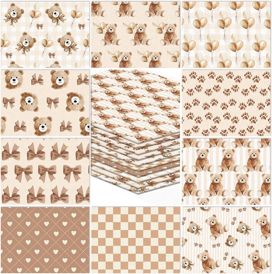 JarThenaAMCS 10Pcs Brown Bear Cotton Fabric Bundles Cute Bear Bowknot Balloon Fat Quarters Baby Shower Quilting Patchwork for DIY Sewing Craft Decor, 18 x 22 Inch
