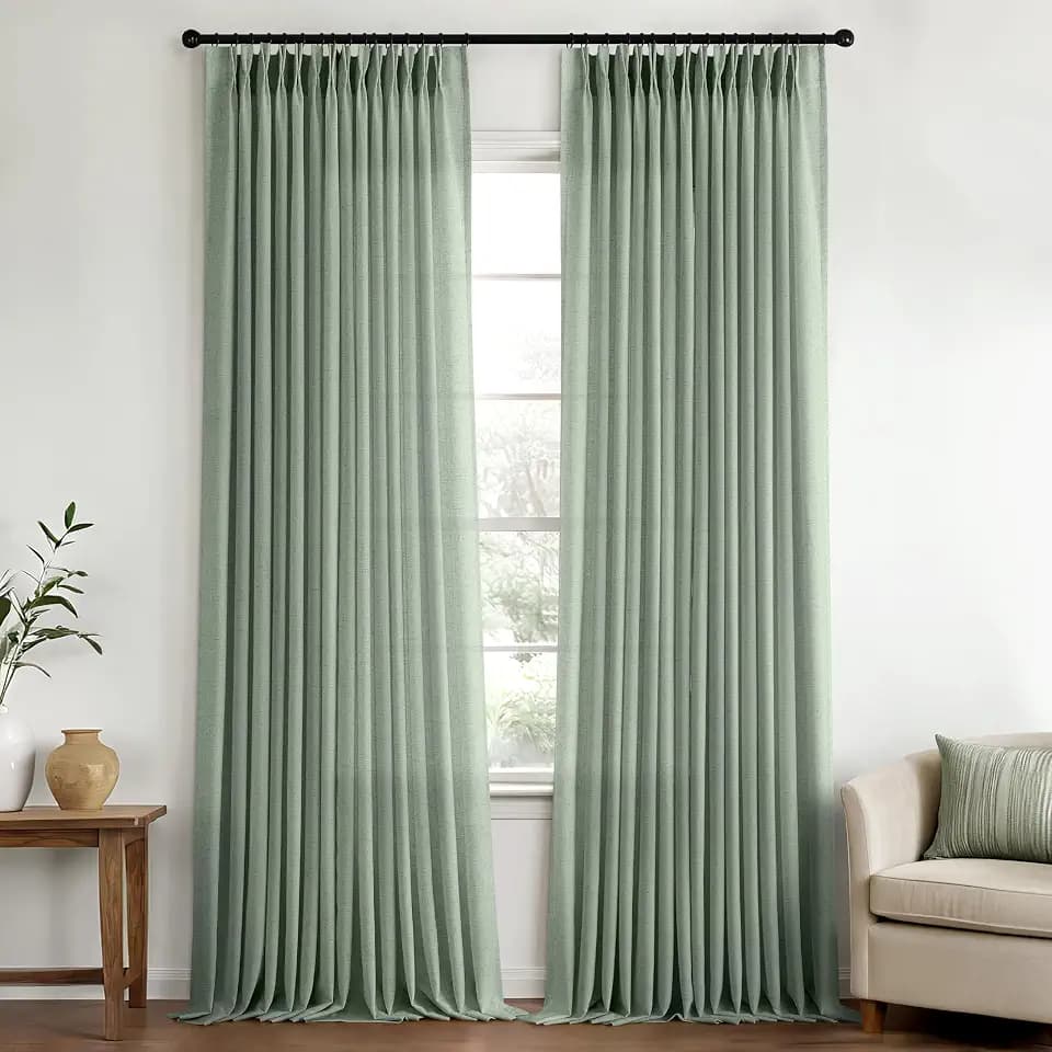 ANRODUO Sage Green Pinch Pleated Linen Curtains 96 Inches Long 2 Panels