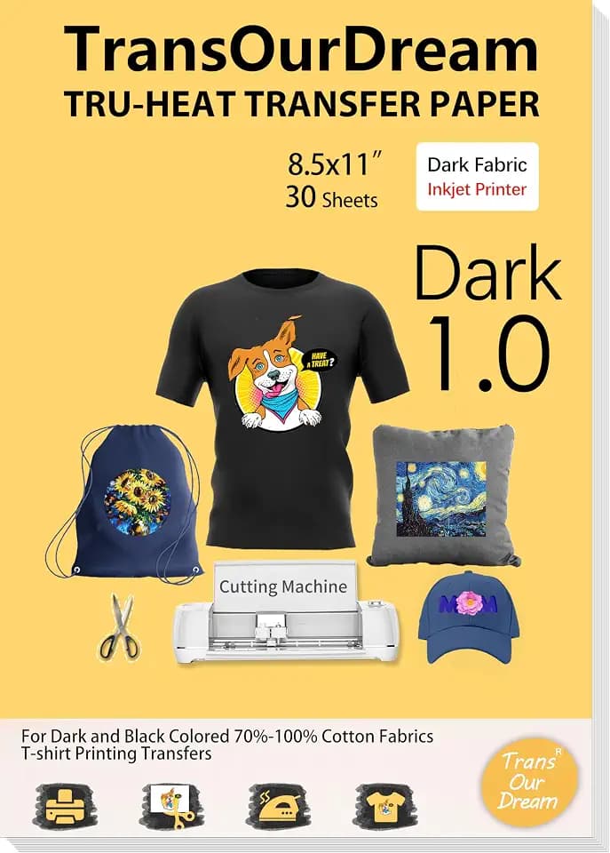 TransOurDream Heat Transfer Paper for Dark Fabric (30 Sheets, 8.5x11),Printable Heat Transfer Vinyl for T-Shirts Iron on Transfers for Inkjet Printer