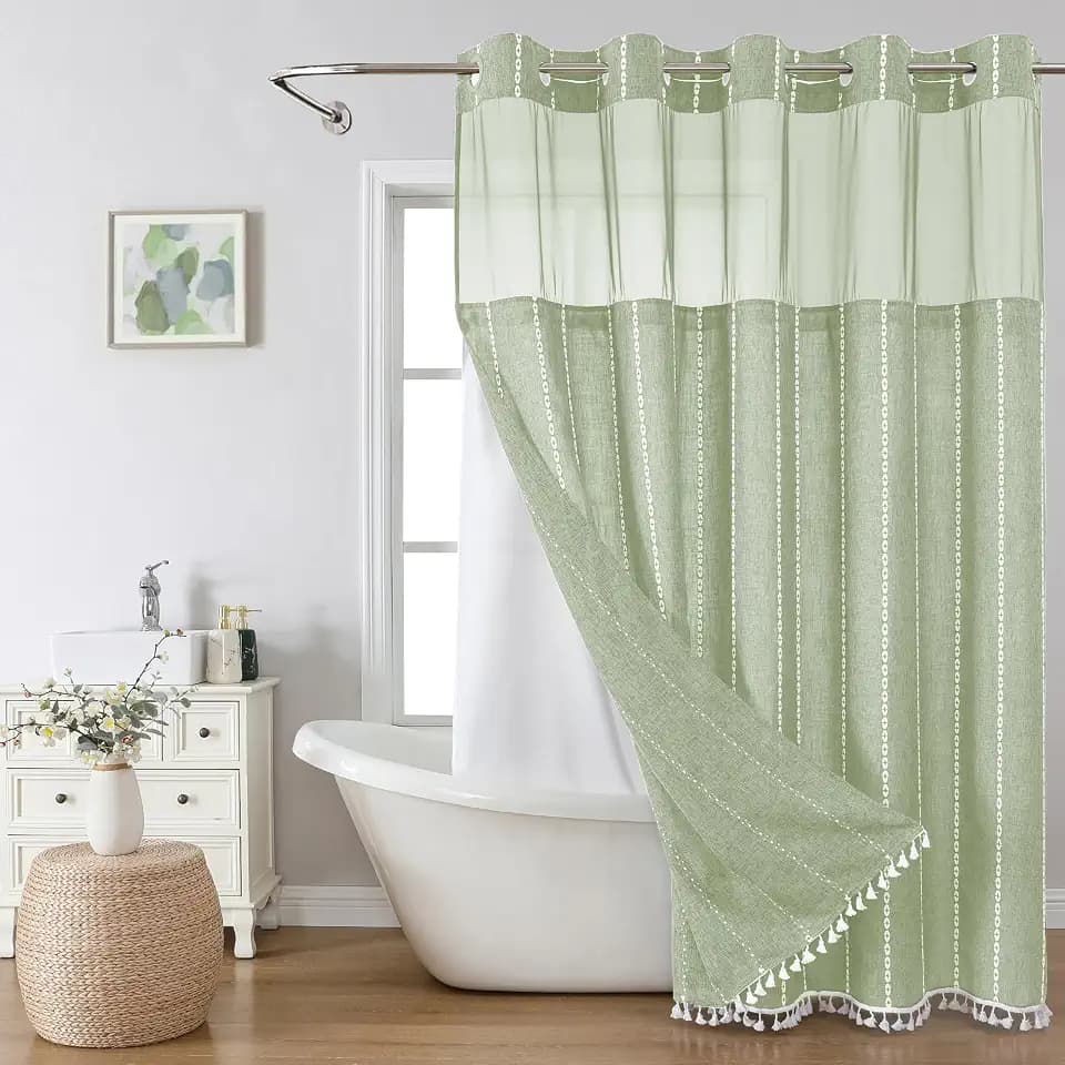 eachope No Hook Extra Long Shower Curtain Set with Snap-in Liner,Linen Textured Thick Striped Fabric with Tassels,Boho Chic Modern Farmhouse Bathroom Curtain,Water-Repellent,Sage Green,71x86