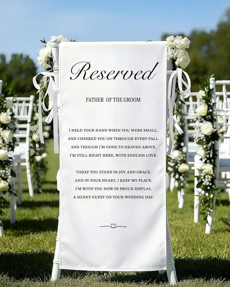 Reserved Memorial Wedding Chair Signs, in Loving Memory Wedding Sign for Father of the Groom, Reserved Seating Sign 15 x 53 Inch Canvas with Straps for Ceremony, Save a Seat for Someone in Heaven