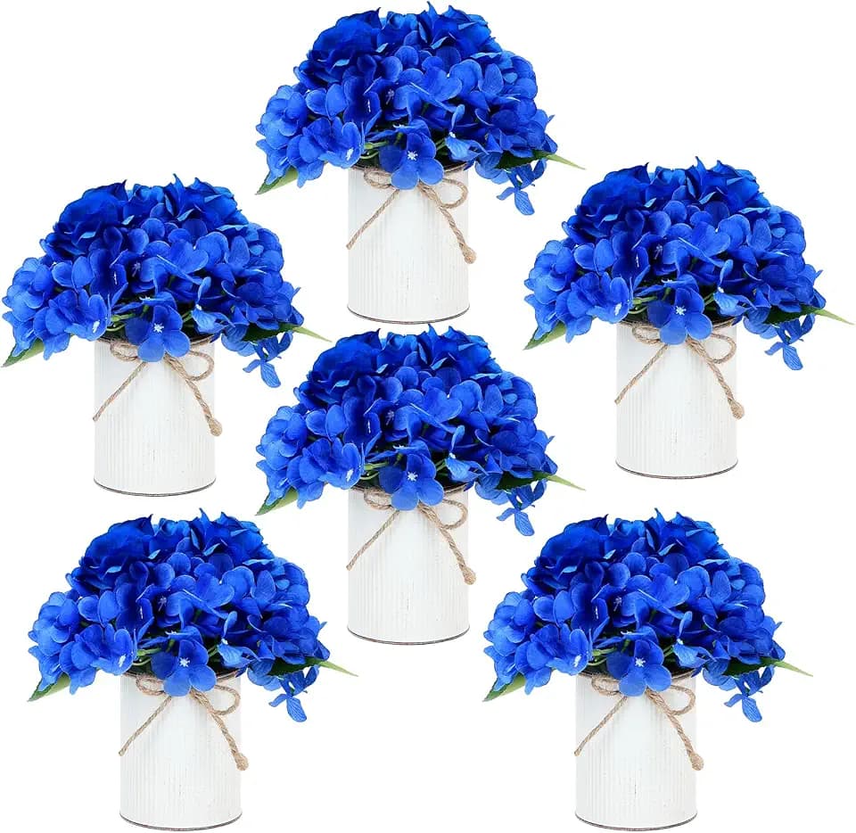Royal Blue Flower Table Centerpieces, Set of 6, Rose & Hydrangea