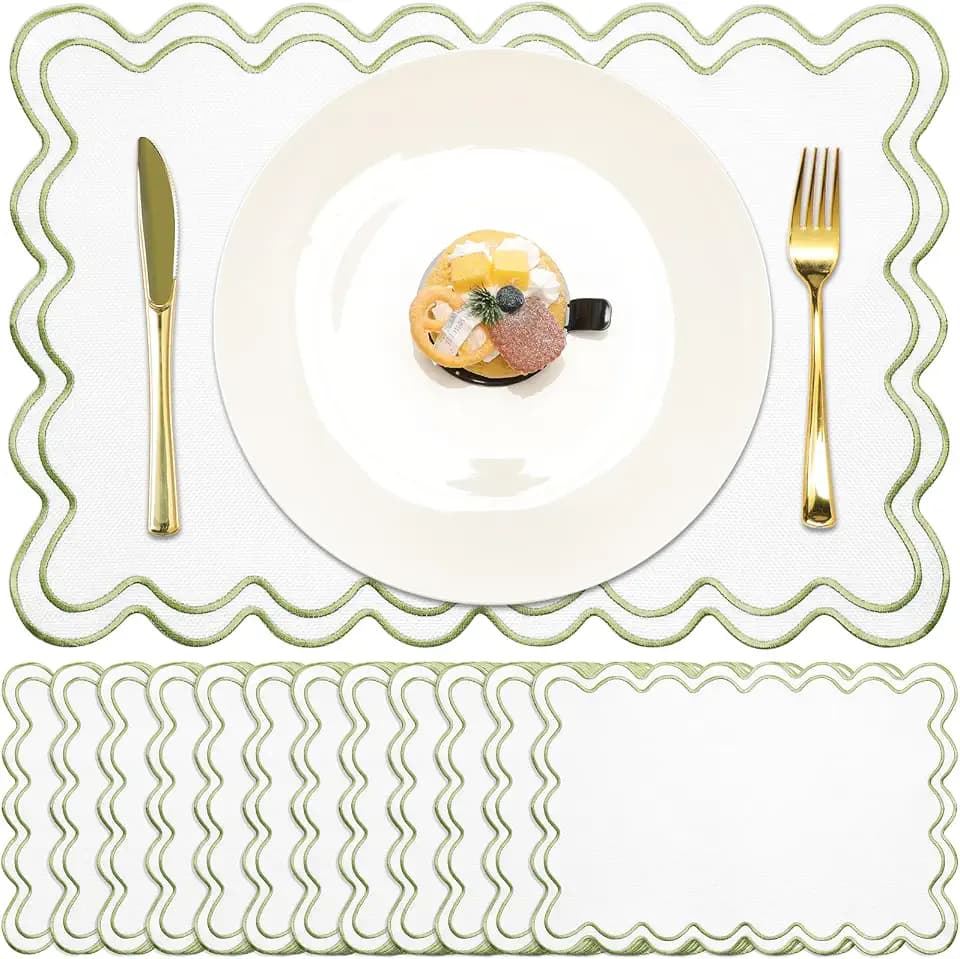 Linen Placemats Set of 12 Scalloped Placemat 13 X 19,Regular,Grass Green