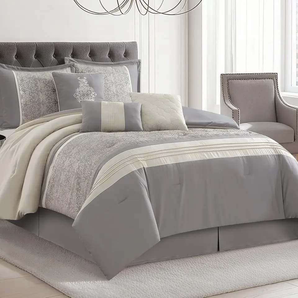 LANCO MODERN LIFESTYLE Grey Queen Comforter Set, Damask Jacquard with Matching Solid Piece Work, 7 Piece Soft Bedding Set for All Season, Bed Skirt, Pillow Shams and Decorative Pillows