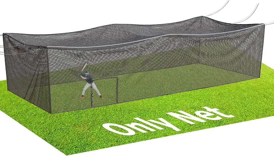 Batting Cage Net, UV-Stabilized HDPE, Black, 1-3/4" Square Mesh, Square-Hung, 1/4" Border Rope, Side Door – Baseball & Softball Netting – Sizes: 8x8x20ft,12x12x35ft,12x12x55ft, 12x14x70ft