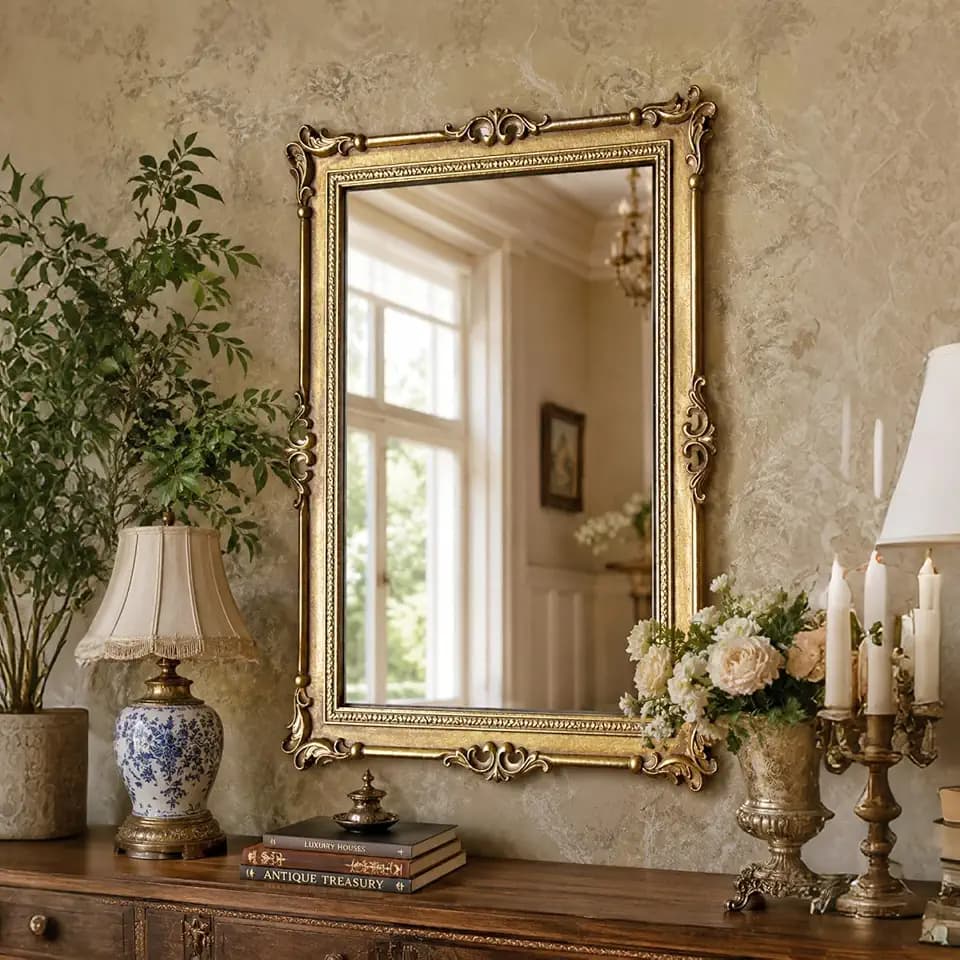 Vintage European Gold Wall Mirror, Ornate Carved Decorative Frame
