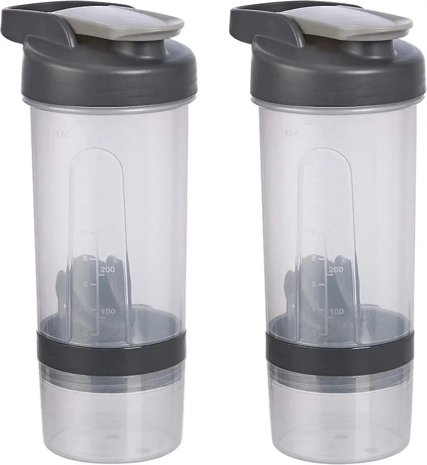 Amazon Basics Protein Shaker Bottle with Mixer Ball, Dishwasher Safe, 20 oz, Gray, 2-Pack