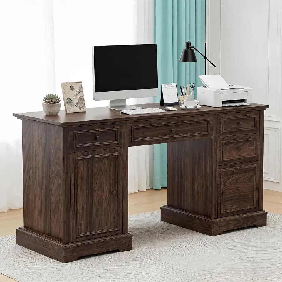 Vipbear 60" Farmhouse Executive Office Desk with Drawers and File Cabinet