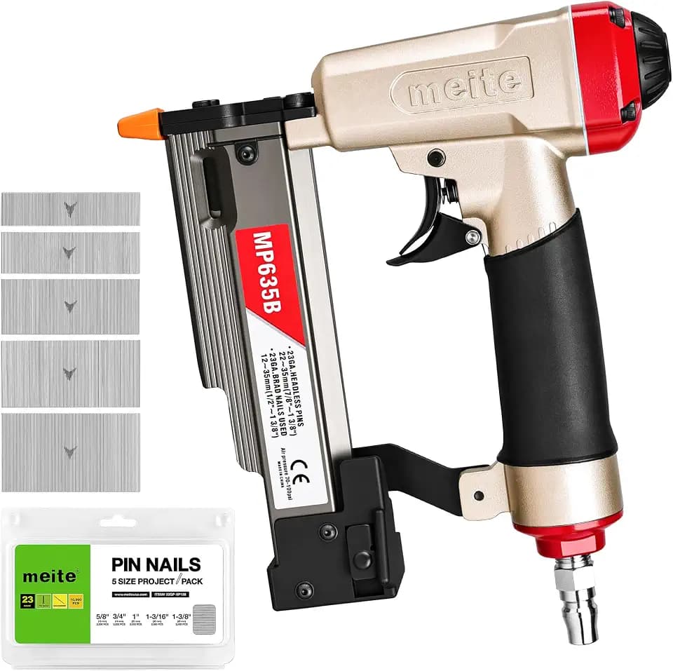meite MP635B Pin Nailer with 10,000 PCS Pin Nails (5/8", 3/4", 1", 1-3/16", 1-3/8"), Pneumatic 23 Gauge Pin Nailer, Fits 1/2" to 1-3/8" 23 Gauge Pin Nails, Ideal for Paneling, Small Trim