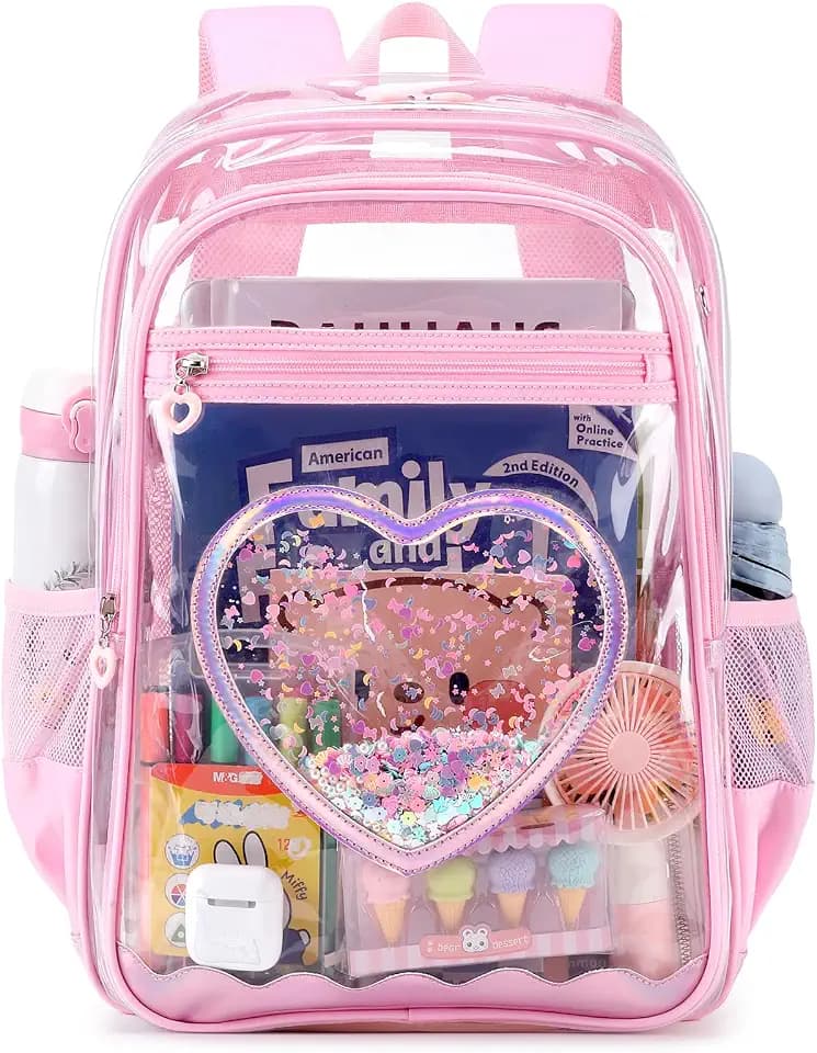 Clear Backpack, Heavy Duty Thick TPU Clear Bookbag, Transparent Bookbag Stadium Events, See Through Large Ergonomic Backpack for School Kids Girls Women Travel Security College Concert, Pink