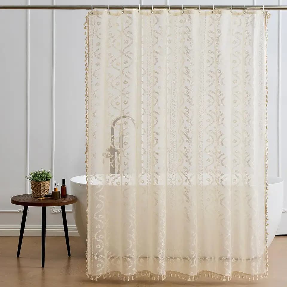 WAZZIO Vintage Lace Shower Curtain,Victorian Tassel Decor,72x72 in,Beige