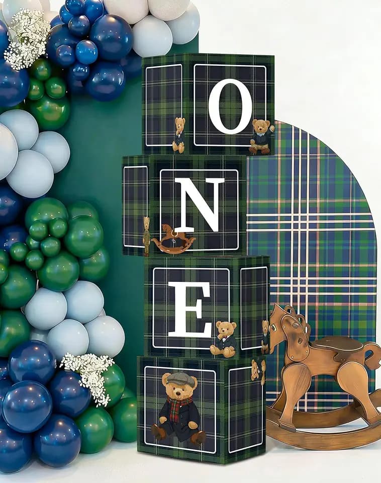 4PCS Green Plaid Teddy Bear ONE Birthday Boxes, Vintage Preppy First Birthday Party Boxes for Baby Shower, Gender Reveal Party Decoration