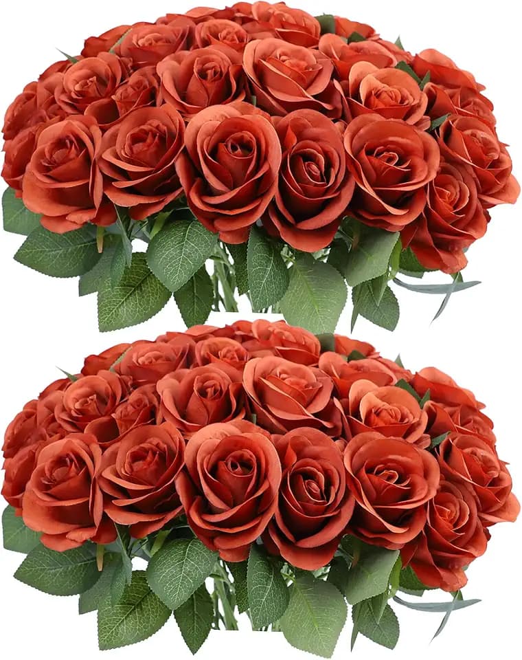 52pcs Burnt Orange Roses Artificial Flowers Fake Flowers Silk Roses with Stems for DIY Wedding Bouquets Home Bridal Shower Centerpieces Arrangements Party Decorations