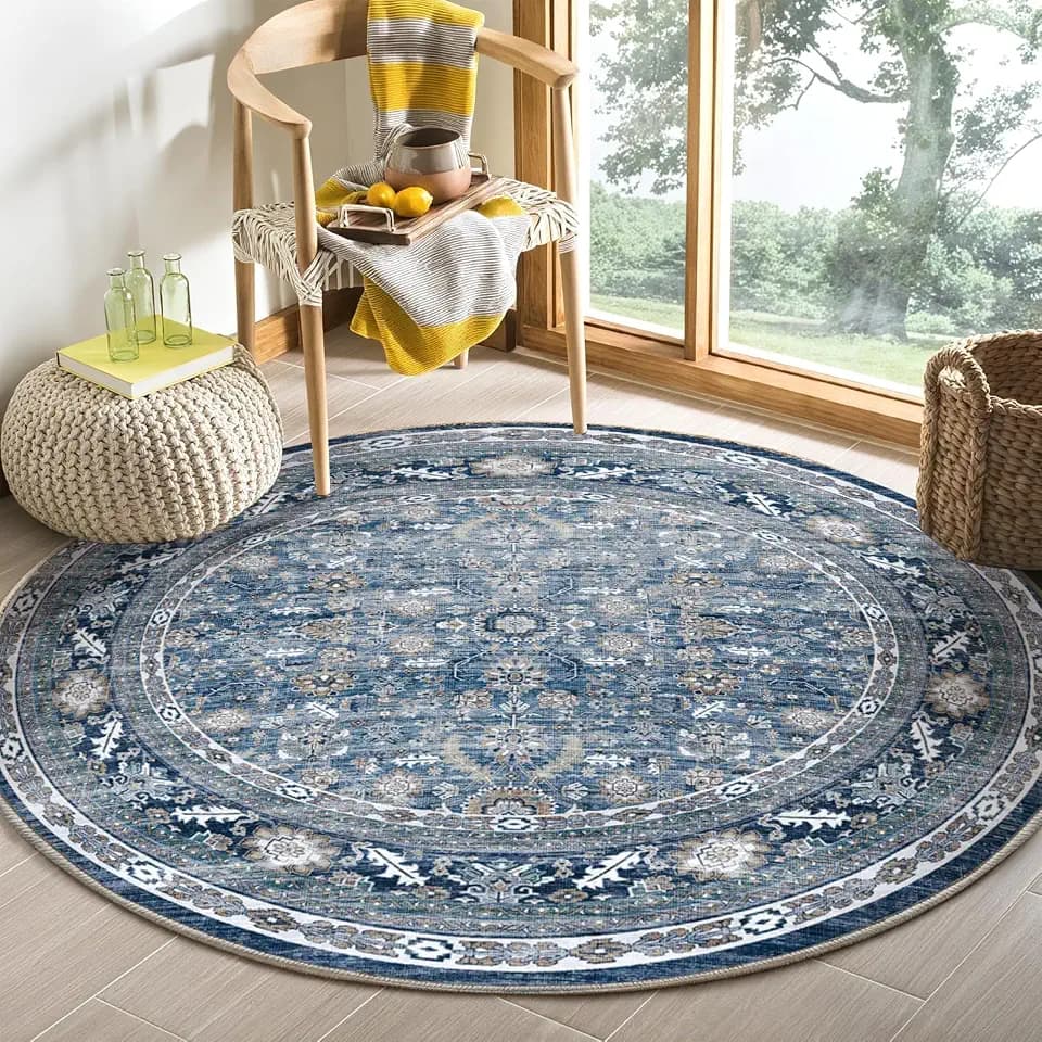 OPPODREAM Vintage Blue Area Rugs 5' Round, Washable Rug for Living Room