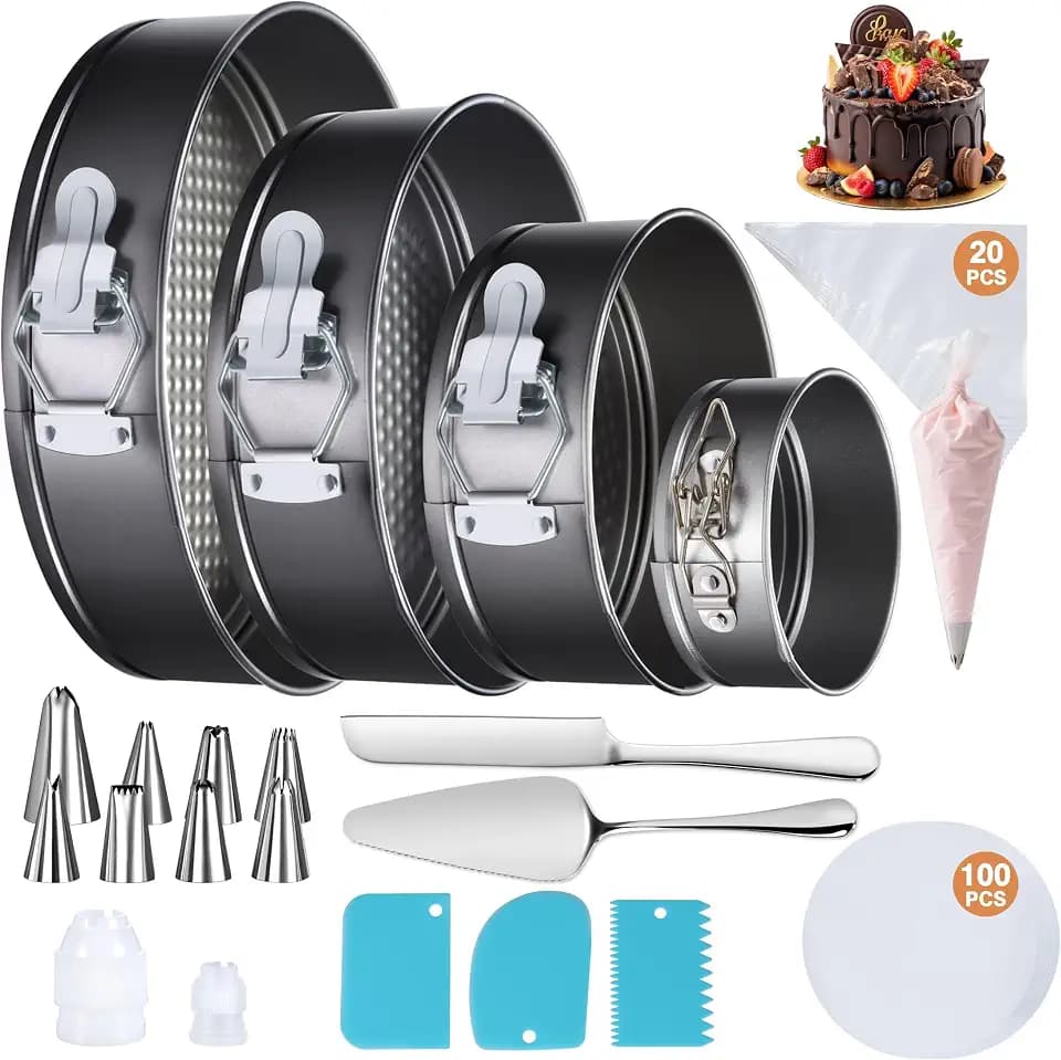 139PCS Springform Cake Pan Set - 4 Non-stick Cheesecake Pans(4/7/9/10-Inch) + Cake Decorating Supplies: Parchment Paper, Pastry Bags and Tips, Icing Scrapers, Cake Cutting Set & More