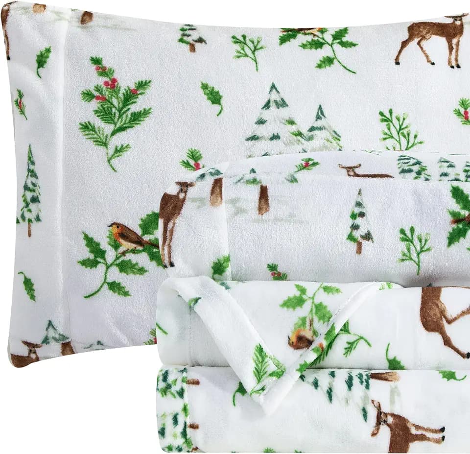 Elegant Comfort Luxuriously Soft 4-Piece Holiday Velvet Plush Flannel Sheet Set - Premium Quality - Cozy Warm, Christmas Fuzzy Velvet Flannel Fleece Deep Pocket Sheet Set - Queen, Enchanted Woods