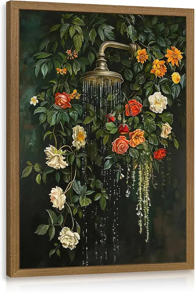 Snlihc Wood Framed Vintage Floral Shower Rose Bathroom Wall Art 16x24 in