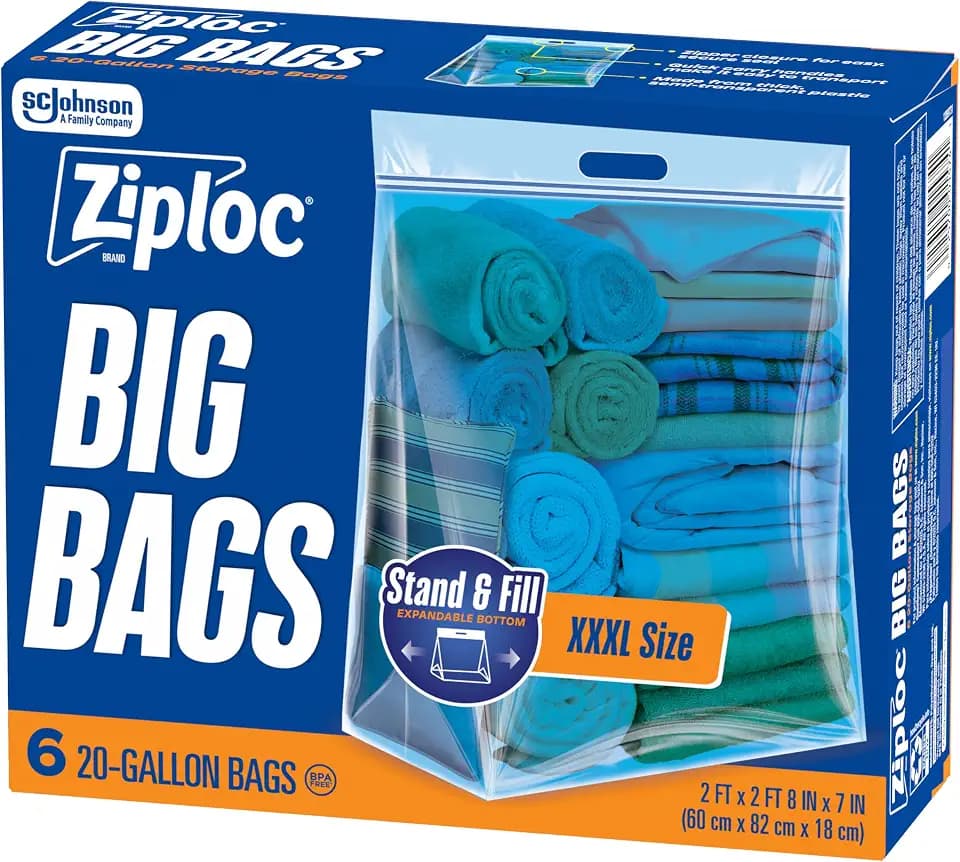 Ziploc Big Bags, 20 Gallon XXXL Reusable Storage Bags, 6 Count
