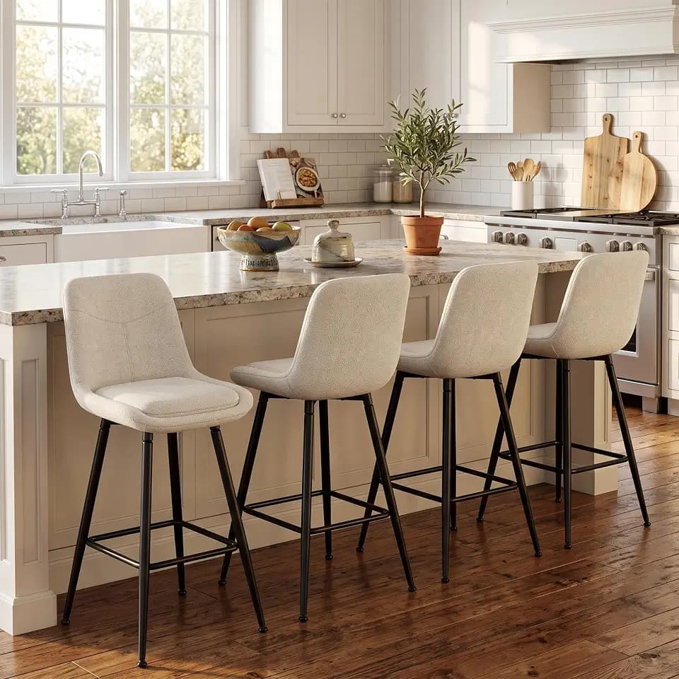 Garvee 25" Upholstered Bar Stools Set of 4, Counter Height Chenille Fabric Barstool with Footrest, Backrest and Metal Legs, Modern Bar Chairs for Kitchen Island and Counter